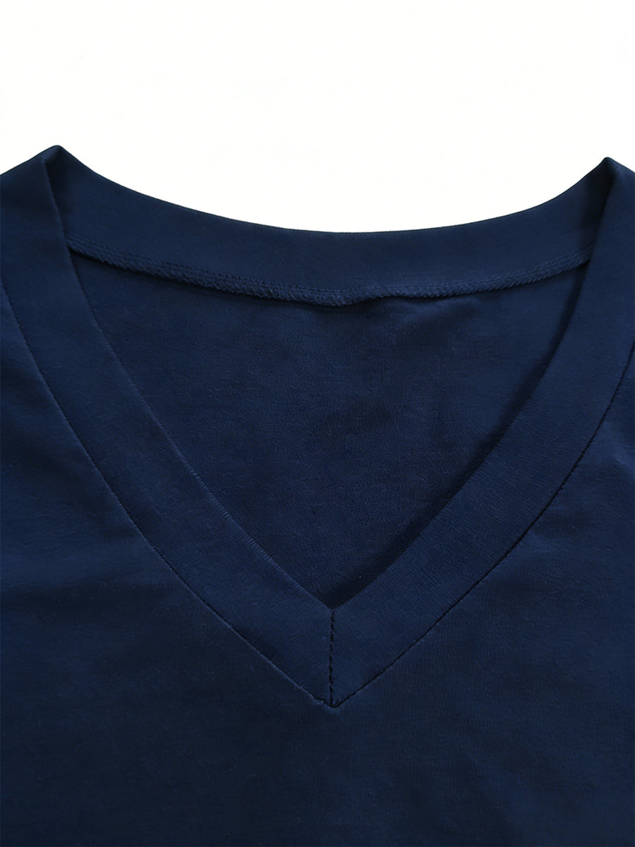 Women'S Fashion V-Neck Tee Featuring Relaxed Drop Shoulders - Navy Color