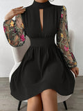 Women'S Elegant Black A-Line Dress with Floral Mesh Sleeves - High Neck, Waist-Cinching, Perfect for Summer Events, Casual to Formal Attire, Formal Attire|Floral Pattern Dress|Elegant Sleeve Design, Floral Print Dress - Black