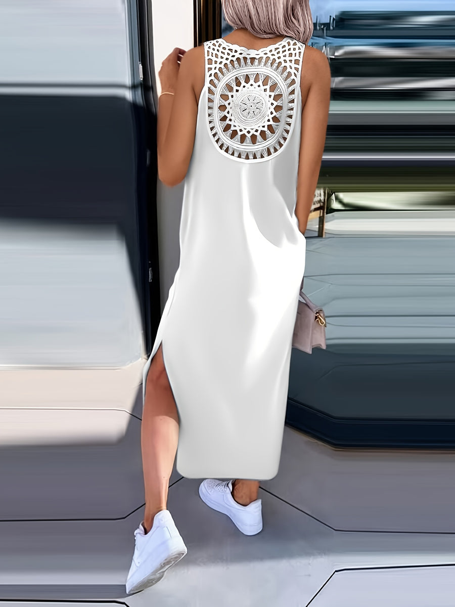New Summer Back Hollow Lace Trim Solid Round Neck Tank Top Dress Women'S - White