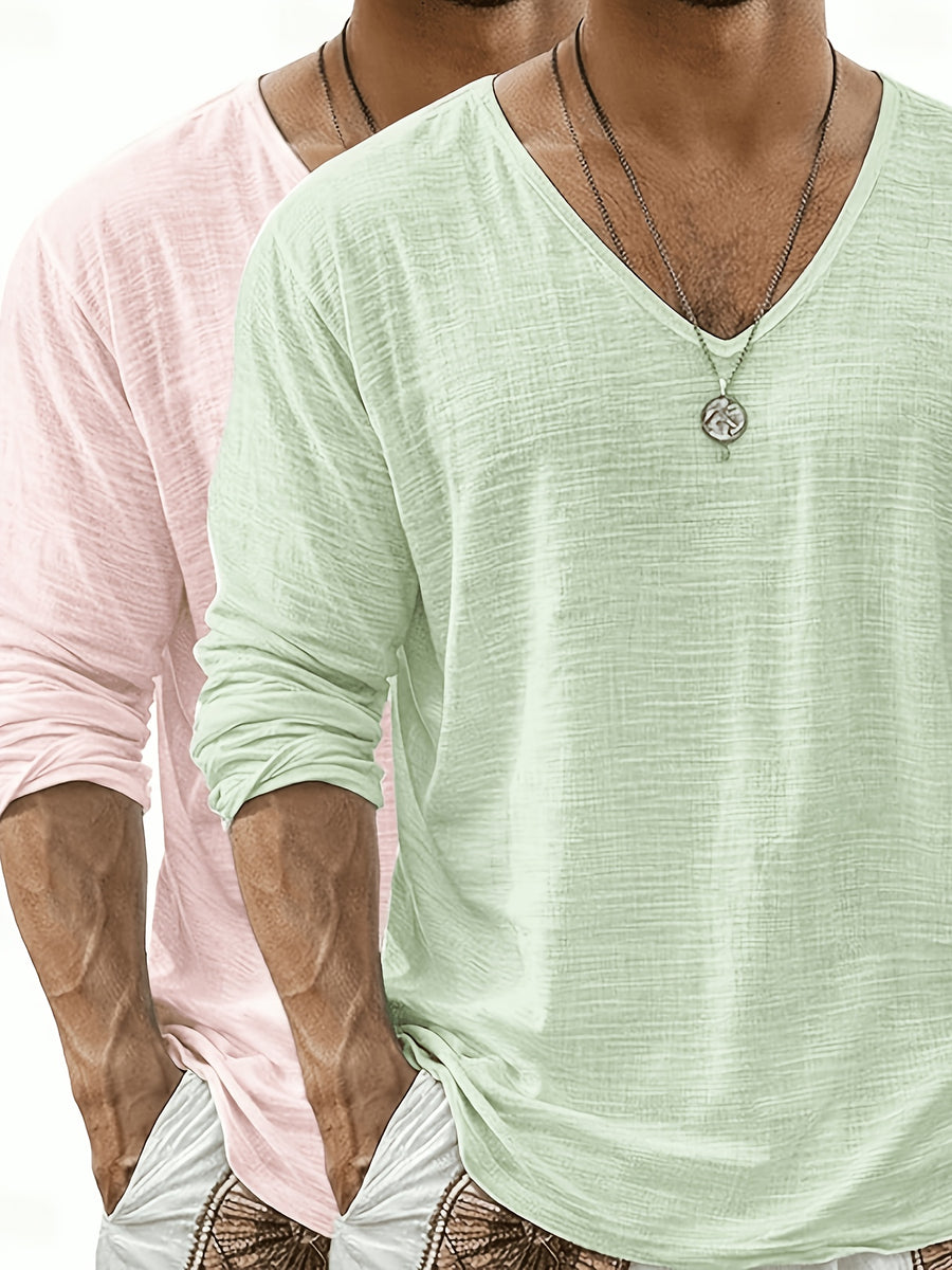 2pcs Set of Solid Color Casual Long Sleeve T-Shirts, Men'S V-Neck Breathable Versatile Top - Light Pink + Light Green