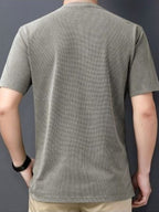 New Summer Men's Short-Sleeve Henley Shirt with Washed Distressed Finish, Waffle Knit Texture, Business Casual T-Shirt with Pocket - Gray Green