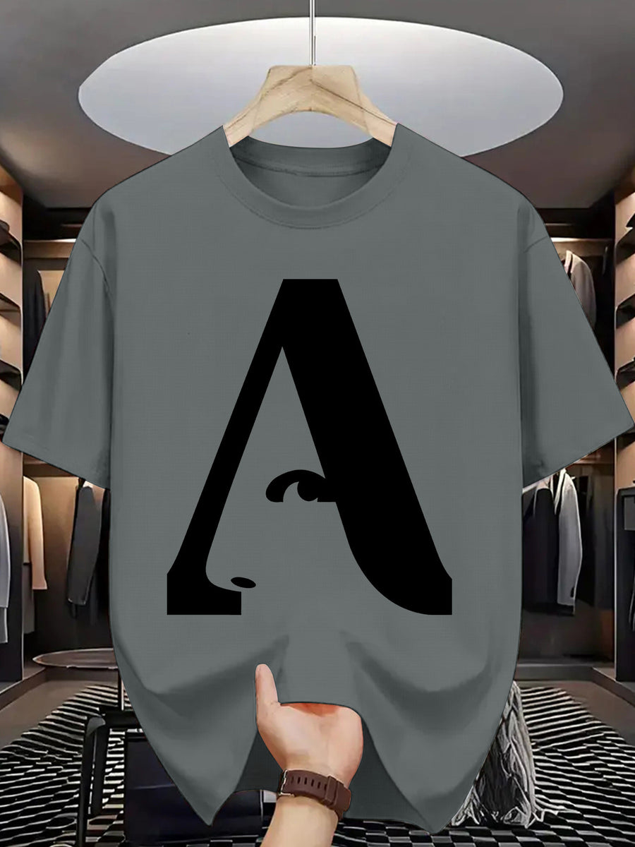 Men's T-Shirt with Letter A Print - Casual Wear - Slate Grey
