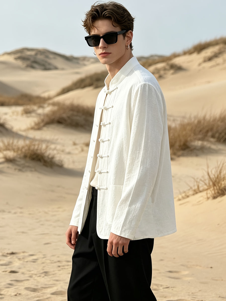 Men'S Clothing Novel Shirt Spring Autumn Men'S Chinese Style Button-Up Top Fashion Casual All-Match - 20356-T03 white