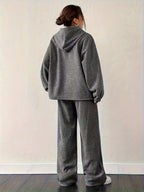European and American Autumn Winter Loose Solid Color Hooded Sweatshirt Straight Leg Pants Casual Sportswear Set - Black Gray