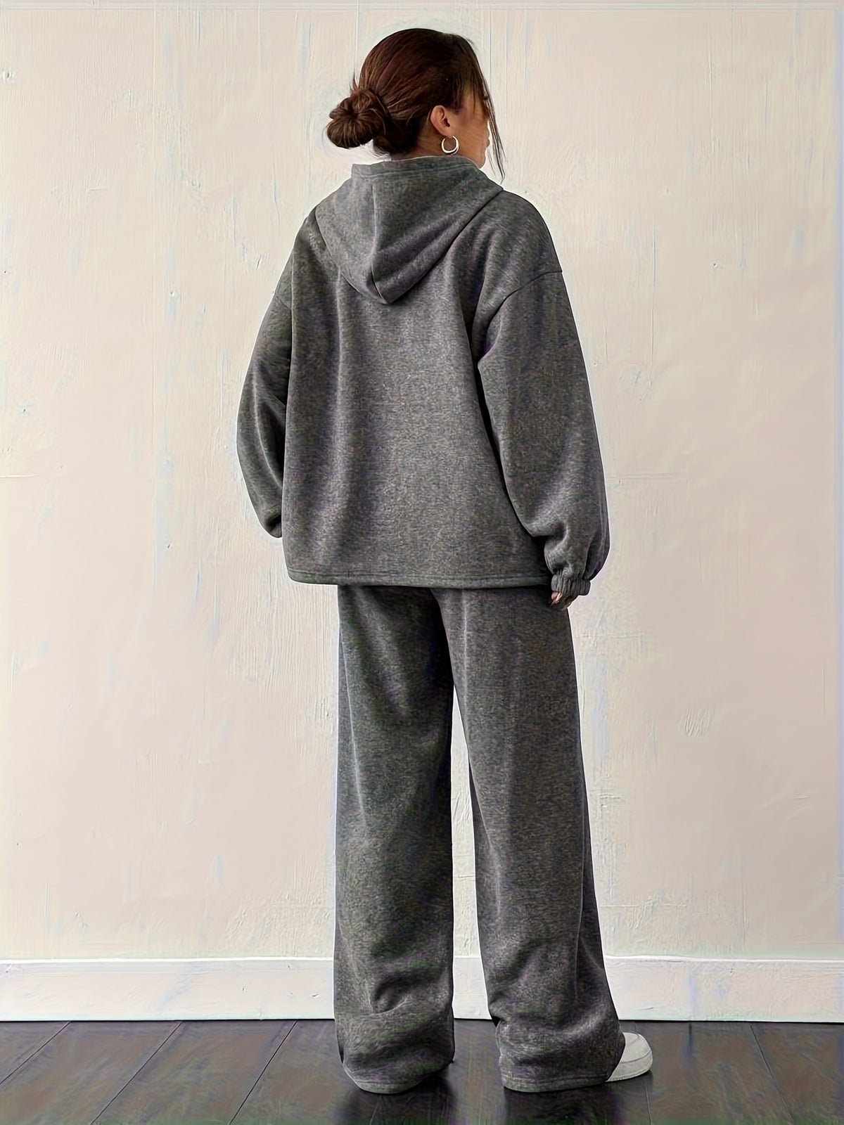 European and American Autumn Winter Loose Solid Color Hooded Sweatshirt Straight Leg Pants Casual Sportswear Set - Black Gray