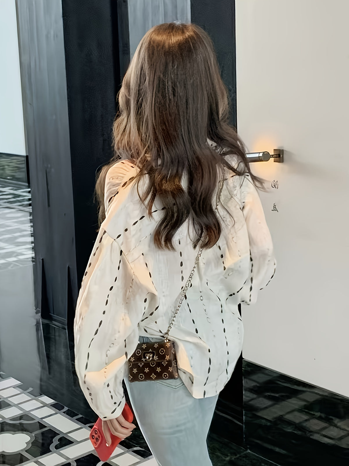 French-Style New Waterdrop Print Shirt for Women, Niche High-End Temperament Loose Long-Sleeve Blouse Top - Apricot