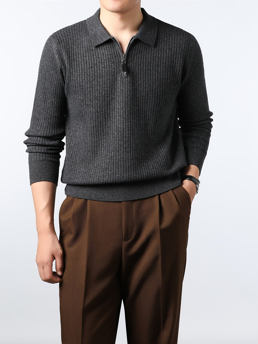 Xingfan Autumn/Winter Men's Ribbed Cable Knit Lapel Pullover Casual 4/1 Zipper Thickened Warm Long-Sleeve Sweater - Dark Gray