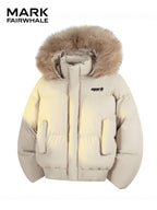 MARK FAIRWHALE Detachable Faux Fur Collar Mock Jacket, Winter Thickened Warm Coat, Small Logo Loose Casual Men'S Outerwear - M Beige