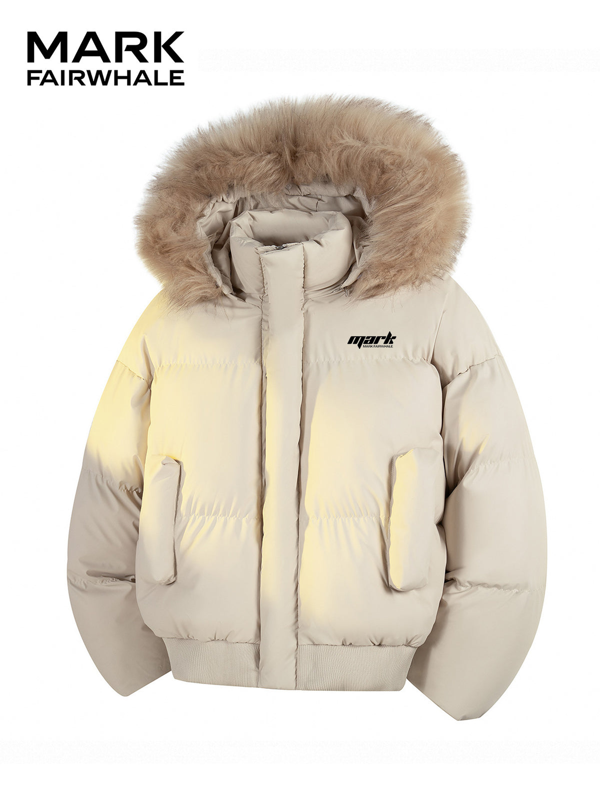 MARK FAIRWHALE Detachable Faux Fur Collar Mock Jacket, Winter Thickened Warm Coat, Small Logo Loose Casual Men'S Outerwear - M Beige