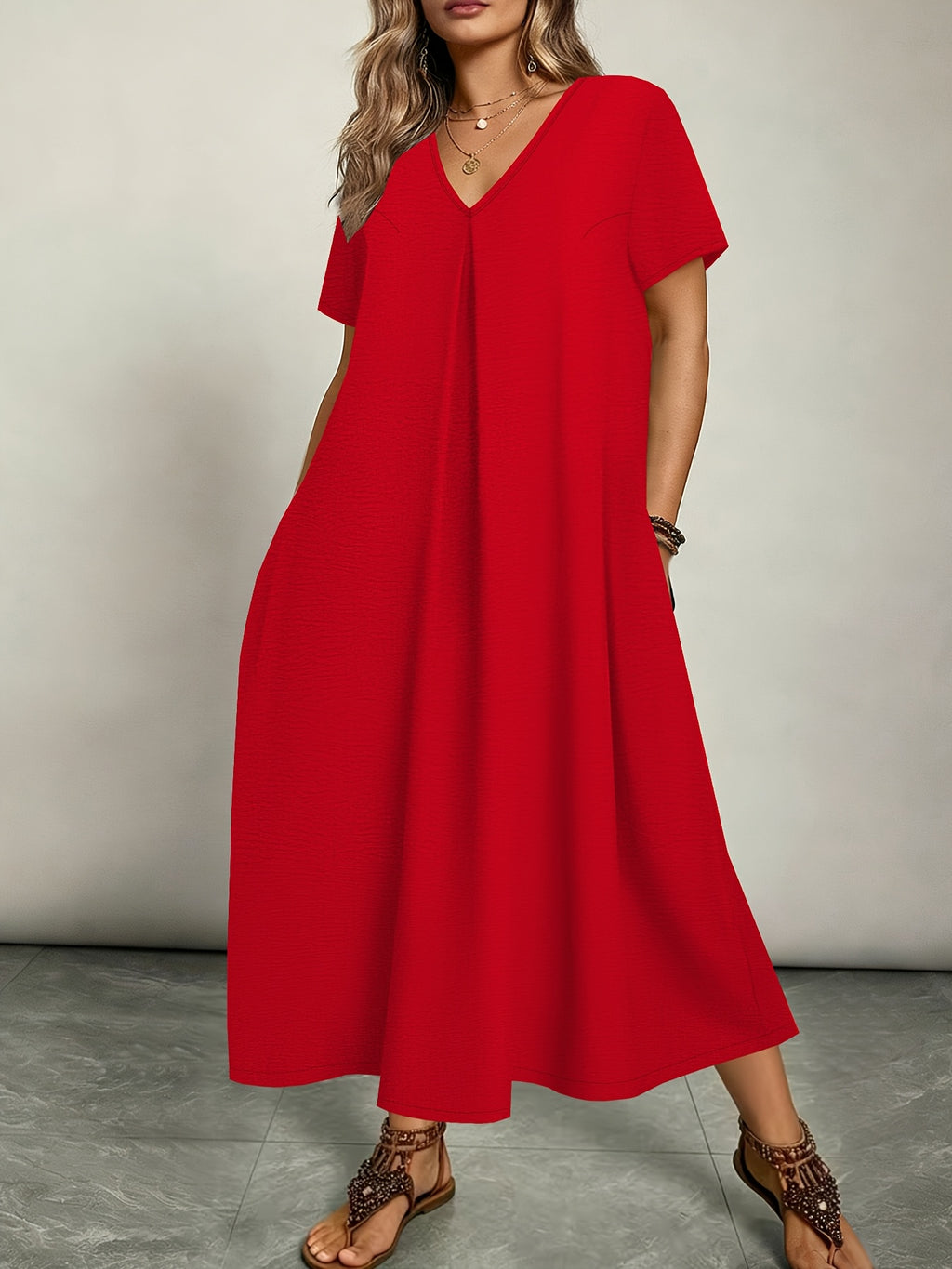 Plus Size - Plus Size - Women'S Elegant Casual Versatile Solid Color Dress, Vacation Style, Plus Size Women'S Clothing - Red