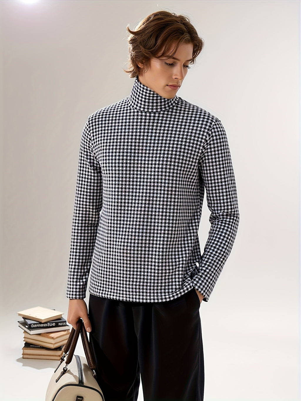 Nordic Vintage High-Neck Plaid Long-Sleeve T-Shirt for Men, Thickened for Autumn And, Soft And Warm, with a Luxurious Feel, Perfect As a Base Layer for Trendy Couples And Youth - Black And White Grid