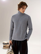 Nordic Vintage High-Neck Plaid Long-Sleeve T-Shirt for Men, Thickened for Autumn And, Soft And Warm, with a Luxurious Feel, Perfect As a Base Layer for Trendy Couples And Youth - Black And White Grid