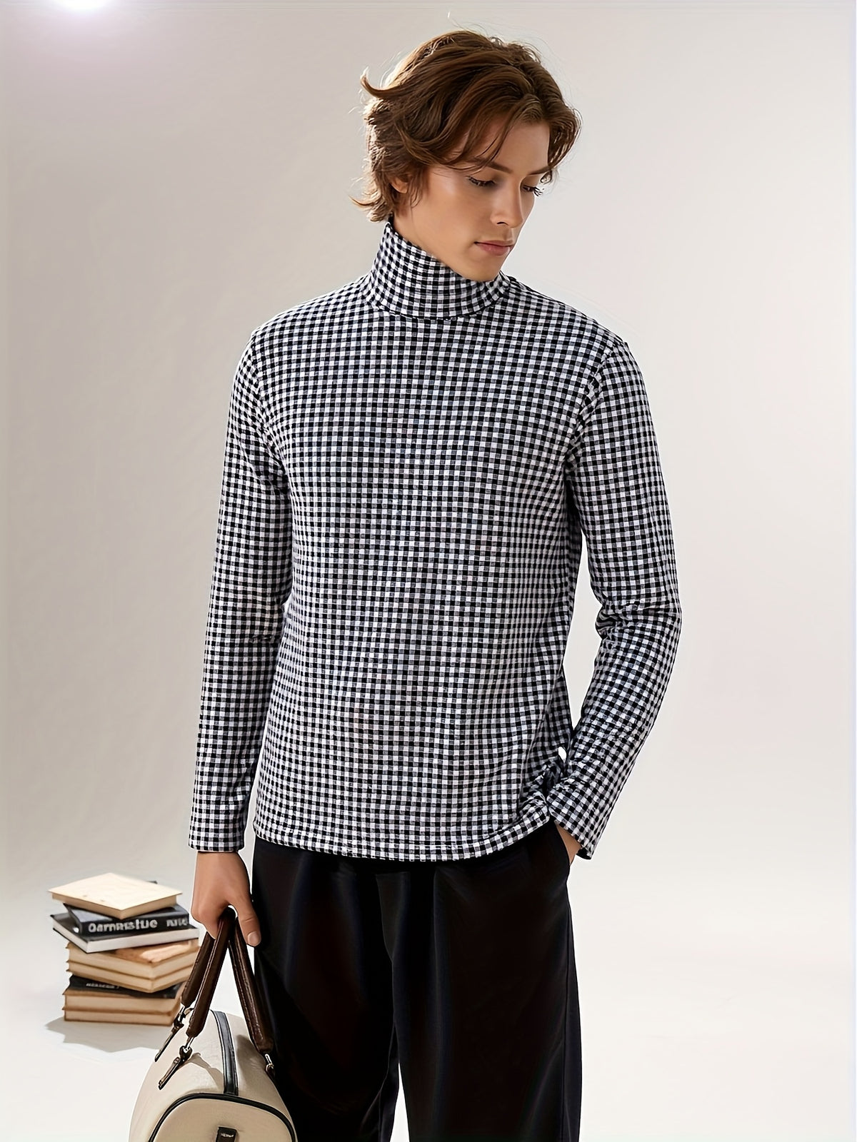 Nordic Vintage High-Neck Plaid Long-Sleeve T-Shirt for Men, Thickened for Autumn And, Soft And Warm, with a Luxurious Feel, Perfect As a Base Layer for Trendy Couples And Youth - Black And White Grid