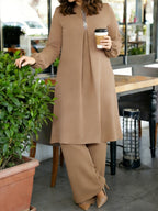 Eid | Plain Sequin Muslim Fall/Winter 2pcs Jilbab Set | Elegant Plain Sequin Abaya Women Modest Dress And Loose Wide-Leg Pants | Modest Outfit for Daily And Festive Wear - Rust