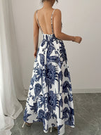 Women'S Elegant Deep V-Neck Floral Print Thin Strap Dress - Multicolor