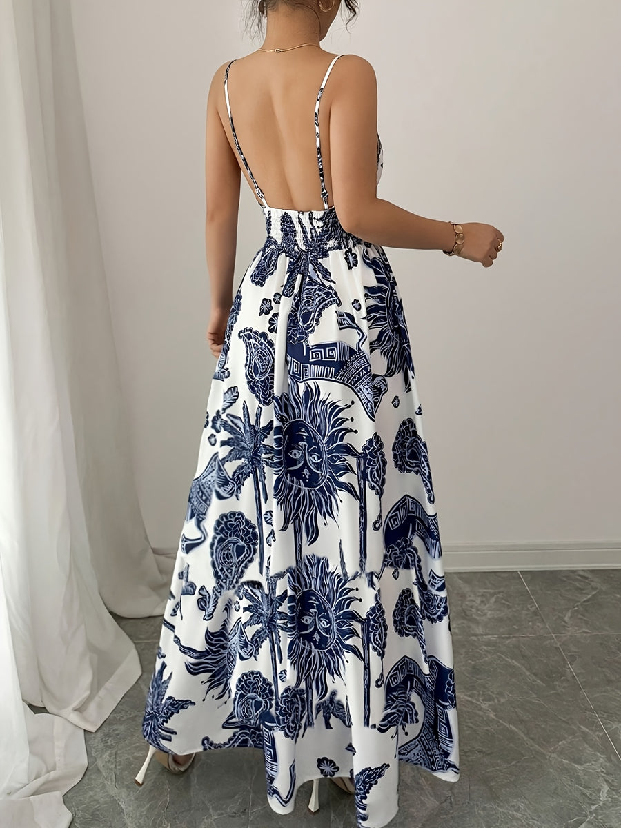 Women'S Elegant Deep V-Neck Floral Print Thin Strap Dress - Multicolor
