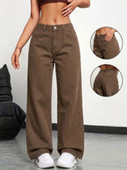 Women'S Jeans, Temperament Comfortable Coffee-Colored Straight-Leg Denim Trousers, Suitable for Daily Commute - Coffee Color