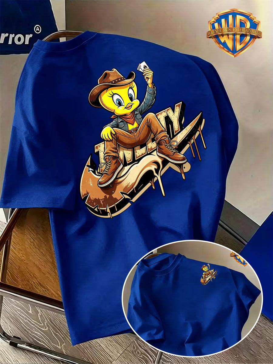 Warner Bros. Official Men's Short-Sleeve T-Shirt with Front and Back Print. Features a Creative  Core Western Cowboy Style Design with  Bird Holding Playing Cards. The Vibrant Print Creates a Strong Atmosphere, Making the Shirt Eye-catching - Royal Blue