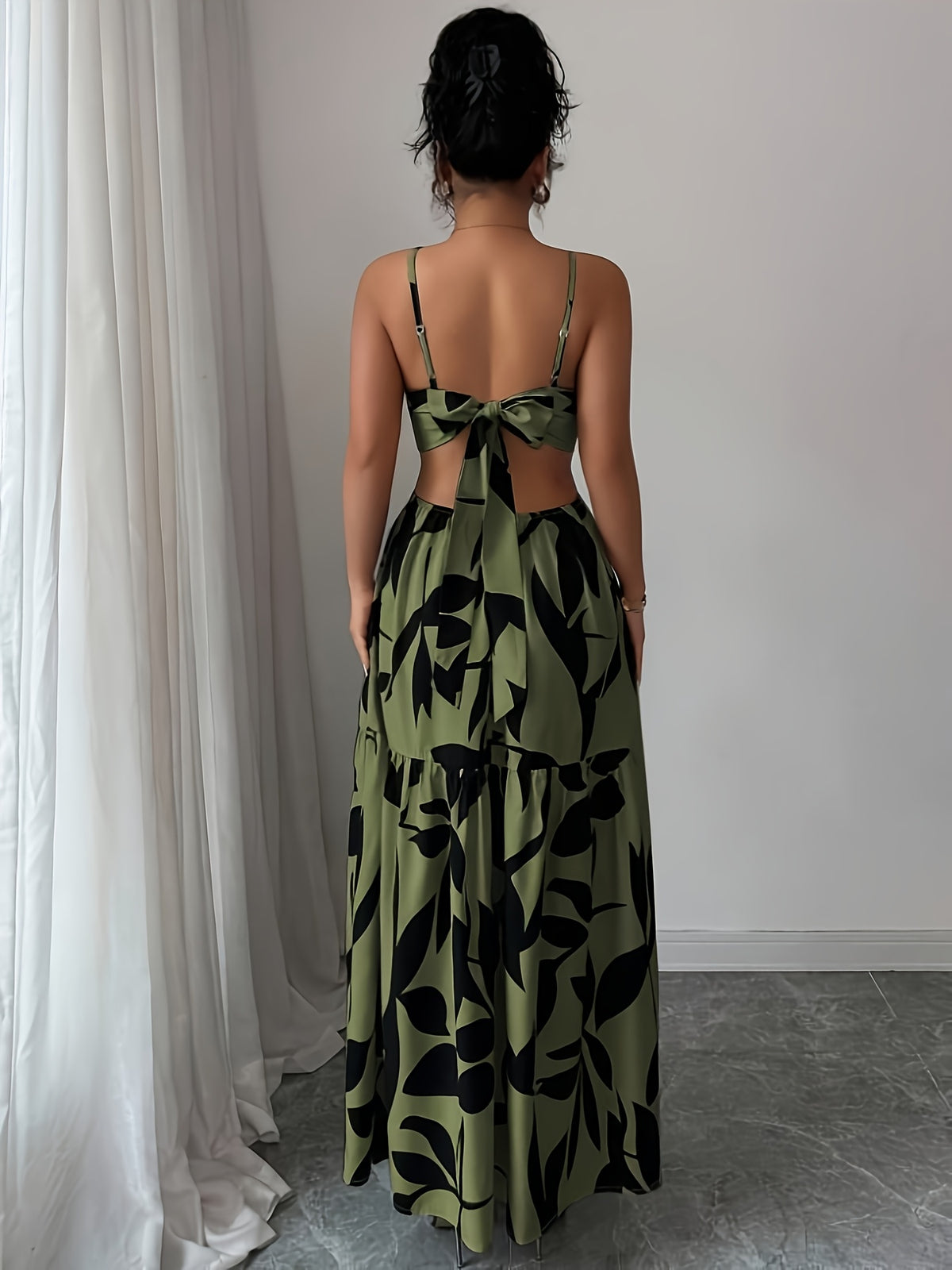 Women's Bohemian Maxi Dress with Adjustable Spaghetti Strap Sleeveless -Line Dress - Floral Print -Length Dress Suitable for Beach Weddings, Parties, Vacations, Machine Washable Round Hoop Hem Dress - fern green
