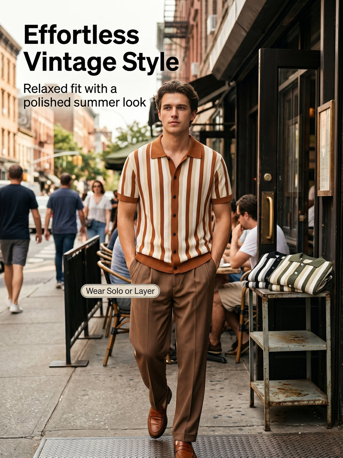Men's 3pcs (3pcs) Knit Short Sleeve Shirts - Vertical Striped Button- Lapel Collar -Neck Button-Front Suitable for Casual Office Wear, Machine Washable Retro Button- Shirts for Year-Round Layering & Wardrobe - Black+green+orange