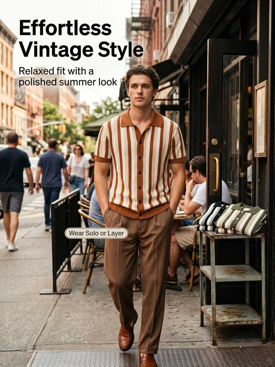 Men's 3pcs (3pcs) Knit Short Sleeve Shirts - Vertical Striped Button- Lapel Collar -Neck Button-Front Suitable for Casual Office Wear, Machine Washable Retro Button- Shirts for Year-Round Layering & Wardrobe - Black+green+orange