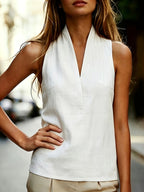 Summer Women'S New Fashion Commute Solid Color Versatile Easy Halter Off-Shoulder V-Neck Vest Blouse - White