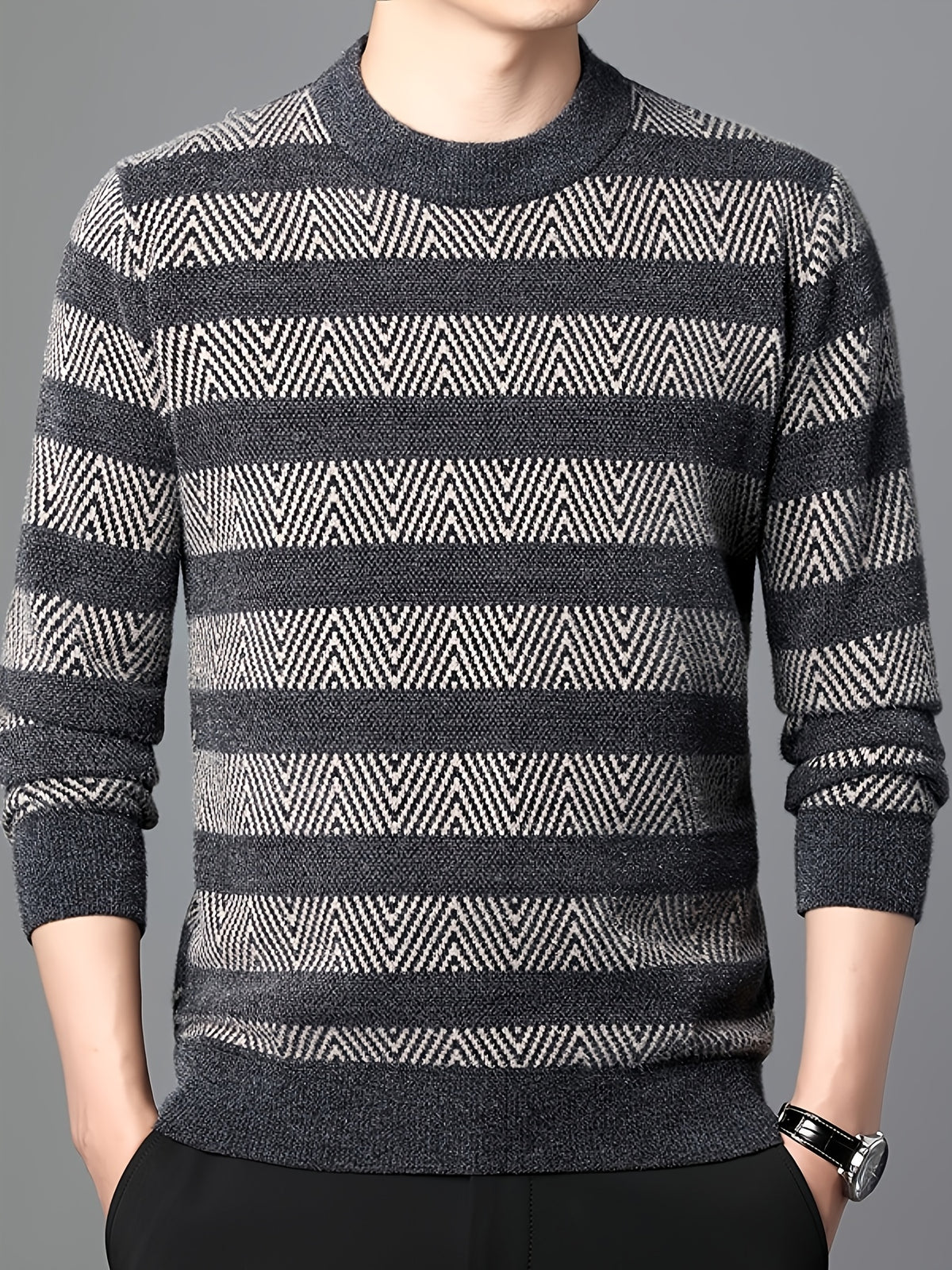 New Fleece Thick Full Body All-In-One Plush Fashion Striped Warm Men'S Top Computer Knit Round Neck Pullover Sweater Winter Warm Comfortable Gift for Husband Family - Grey
