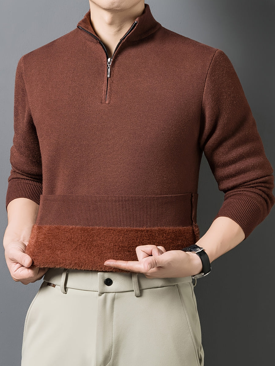 1pc Men'S Solid Color Small Stand Collar Knit Pullover Autumn Winter Zipper Casual Fleece Warm Top - Rust