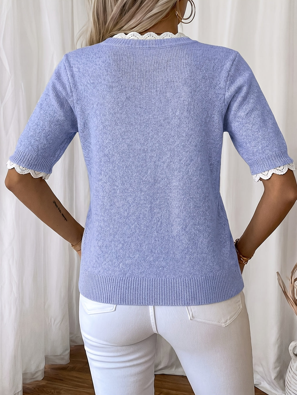 Women'S Elegant Round Neck Sweater Pullover, Casual Short Sleeve Top, Solid Color Spring Summer Pullover, Loose Fit, Comfortable Wear, Suitable for Spring Summer Autumn Fashion Versatile Women'S Clothing, Short And Deep - Light Blue
