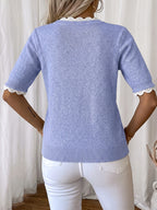 Women'S Elegant Round Neck Sweater Pullover, Casual Short Sleeve Top, Solid Color Spring Summer Pullover, Loose Fit, Comfortable Wear, Suitable for Spring Summer Autumn Fashion Versatile Women'S Clothing, Short And Deep - Light Blue