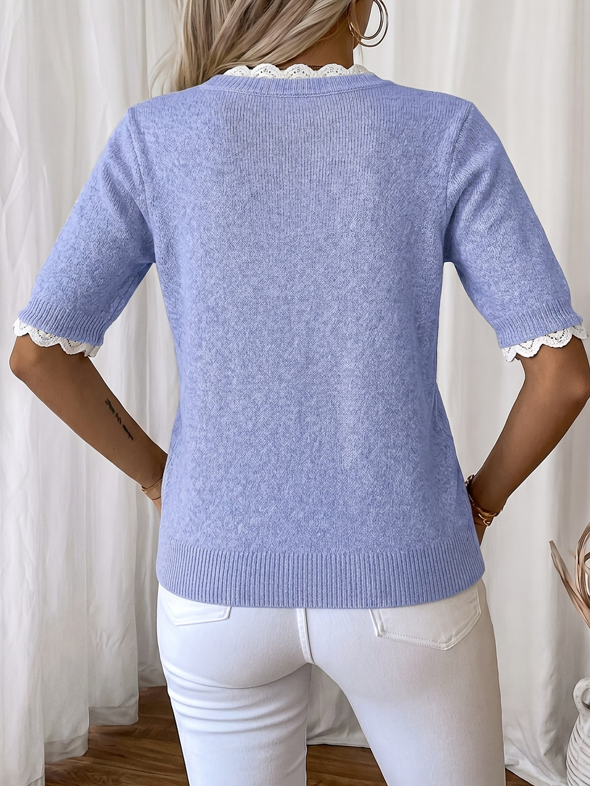 Women'S Elegant Round Neck Sweater Pullover, Casual Short Sleeve Top, Solid Color Spring Summer Pullover, Loose Fit, Comfortable Wear, Suitable for Spring Summer Autumn Fashion Versatile Women'S Clothing, Short And Deep - Light Blue