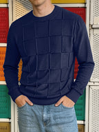 Men'S Round Neck Plaid Textured Knit Sweater, Long Sleeve Soft Lightweight Pullover, Suitable for Business Casual Wear - Shangqing