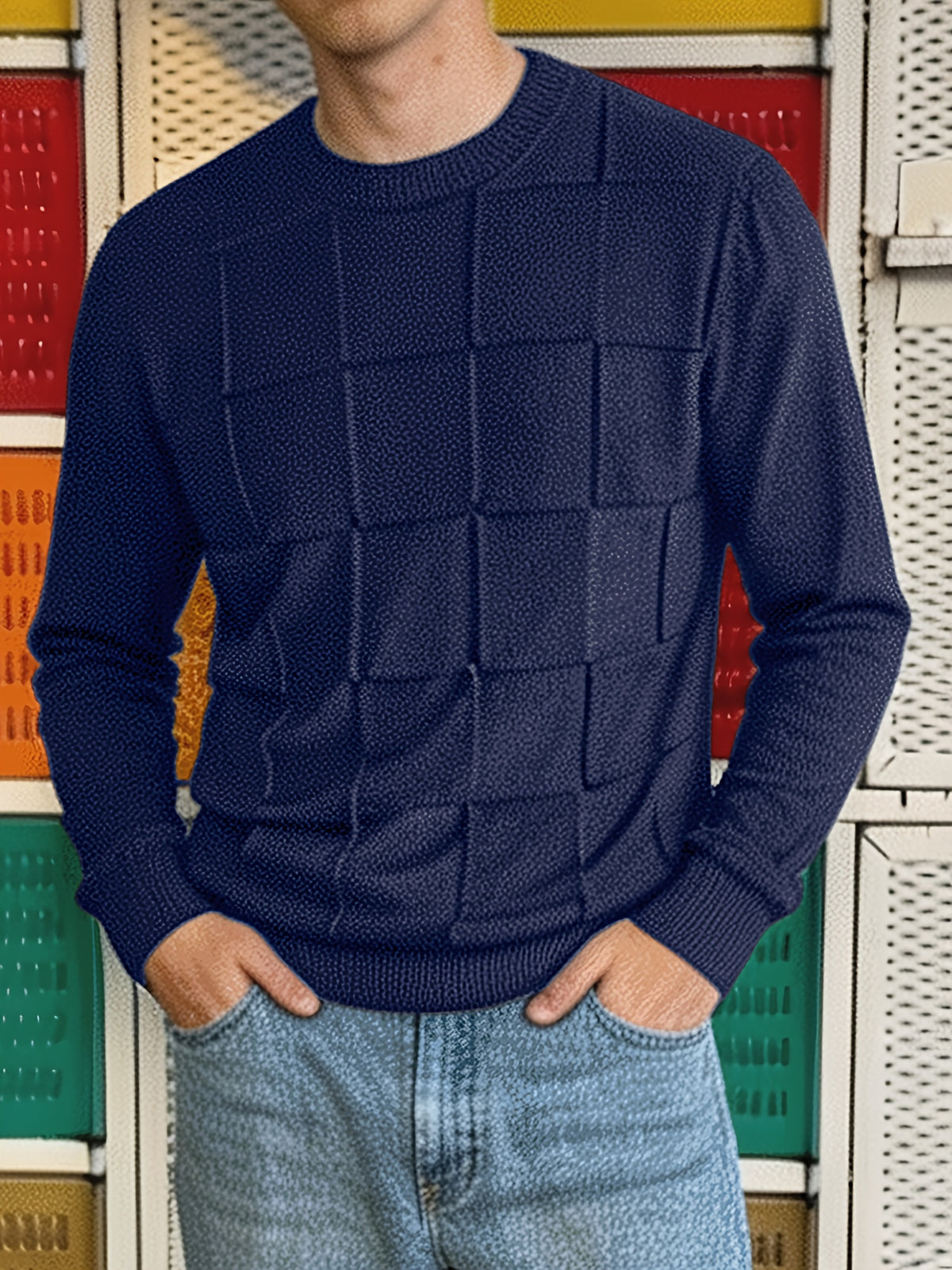 Men'S Round Neck Plaid Textured Knit Sweater, Long Sleeve Soft Lightweight Pullover, Suitable for Business Casual Wear - Shangqing