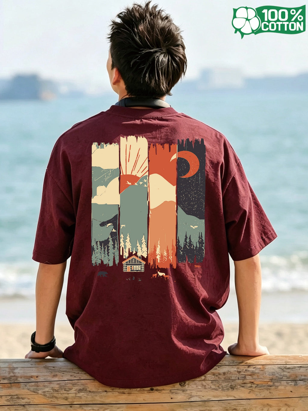 Short-sleeve T-shirt, Round Neck, Pure Cotton, Popular Summer All-season Landscape Print Featuring Mountains, Trees, and Animals. Breathable, Casual, and Versatile for Fitness. New Summer Pattern Print, Fashionable and Casual Style Suitable - Burgundy color