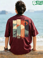 Short-sleeve T-shirt, Round Neck, Pure Cotton, Popular Summer All-season Landscape Print Featuring Mountains, Trees, and Animals. Breathable, Casual, and Versatile for Fitness. New Summer Pattern Print, Fashionable and Casual Style Suitable - Burgundy color