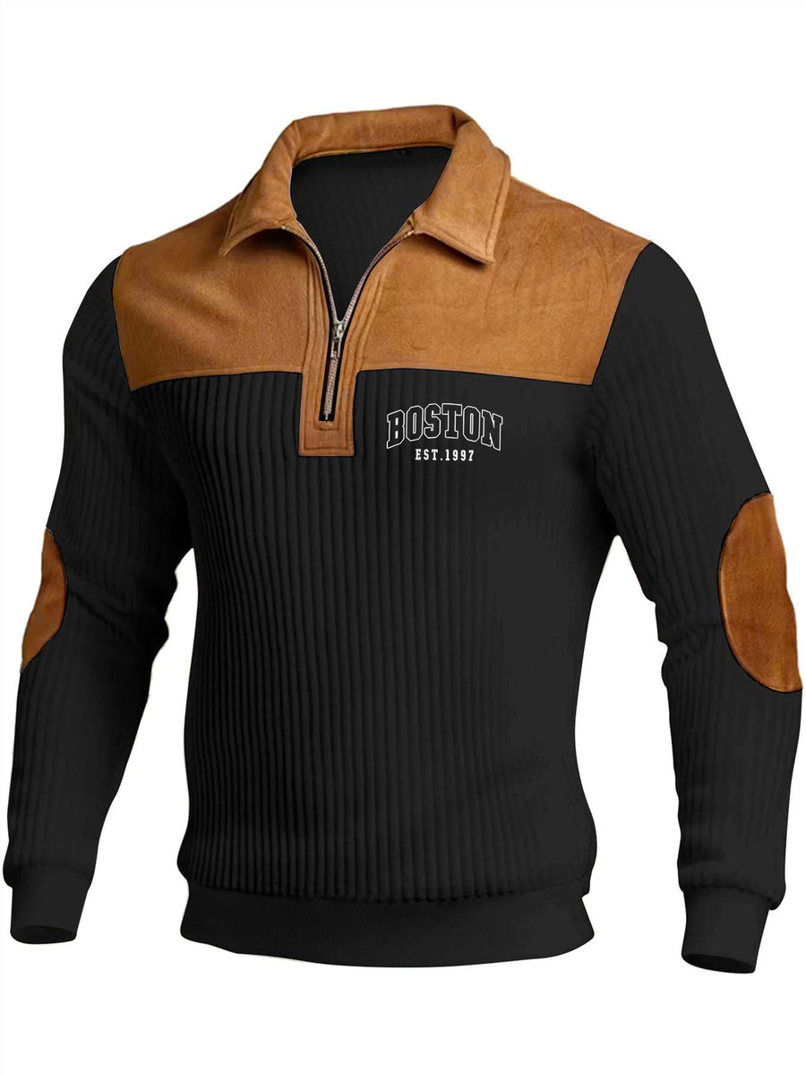 Men'S Fashion Long-Sleeve Polo, Casual Textured Ribbed Sweatshirt, Polo Collar Zipper Design Contrast Color Long-Sleeve Men'S Casual Knit Sweater - Black