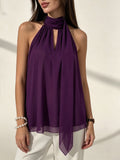 Women's Halter Neck Long Tank Top, Chiffon Material, Tie Ribbon Accent, Sheer, New Spring/Summer Style, Simple and Sexy, A Must-Have for Dates - Purple