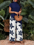 Women'S Elegant Solid Asymmetrical Hem Top And Floral Print Pants Set 2pcs Outfit - Polychrome