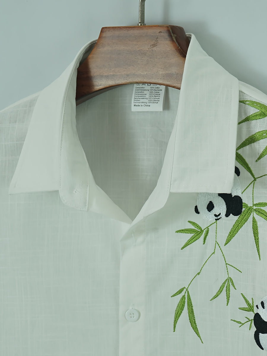 Men'S Vacation Style Embroidered Panda Shirt, Cute Panda Embroidery Design, Pure Comfortable Fabric, Regular Fit, Beach Vacation/Music Festival/Ideal Gift for Boyfriend Or Husband - White