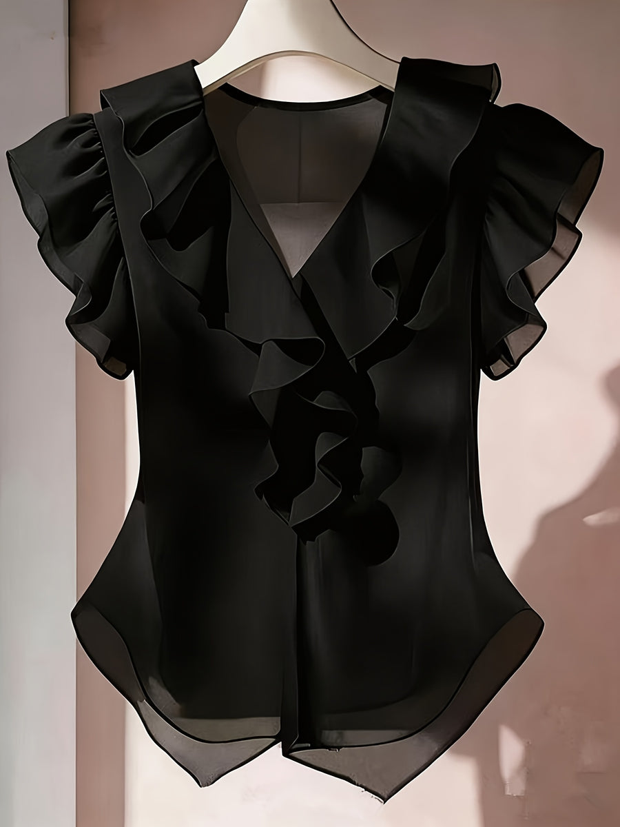 Summer French Solid Ruffled Fly Short Sleeve Shirt Chiffon Top Women'S - Black