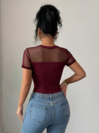Round Neck Short Sleeve Bodysuit, 2026 Summer New Women's Casual Elegant 1pc, Bodysuit, Summer Pretends, Elegant Party, Revealing Clothing, Sexy Outfits, Casual Women's Wear, Designer Clothing, Role Play, Casual Elegance, Short Sleeves, Hot - Burgundy