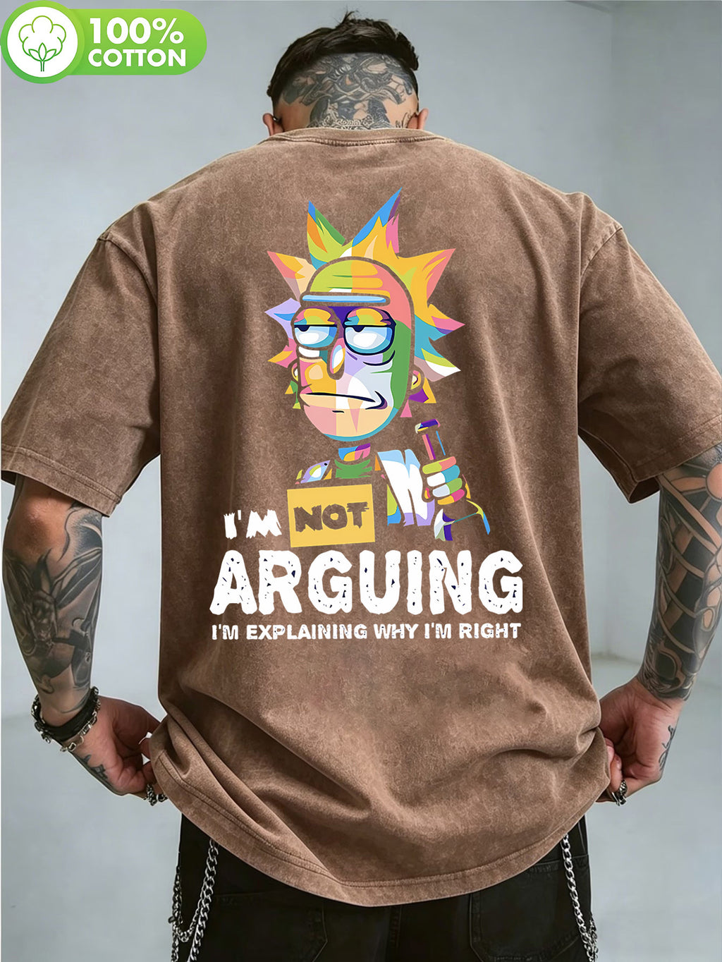 WB Warner Authorized, Men'S Vintage Distressed 100% Washed Round Neck T-Shirt, Multi-Colored Patchwork Rick with Fun Quotes Trendy Print Design, Loose Fit, Men'S Casual Versatile Loose T-Shirt, Suitable for Daily Wear And Outdoor Activities - Coffee Brown