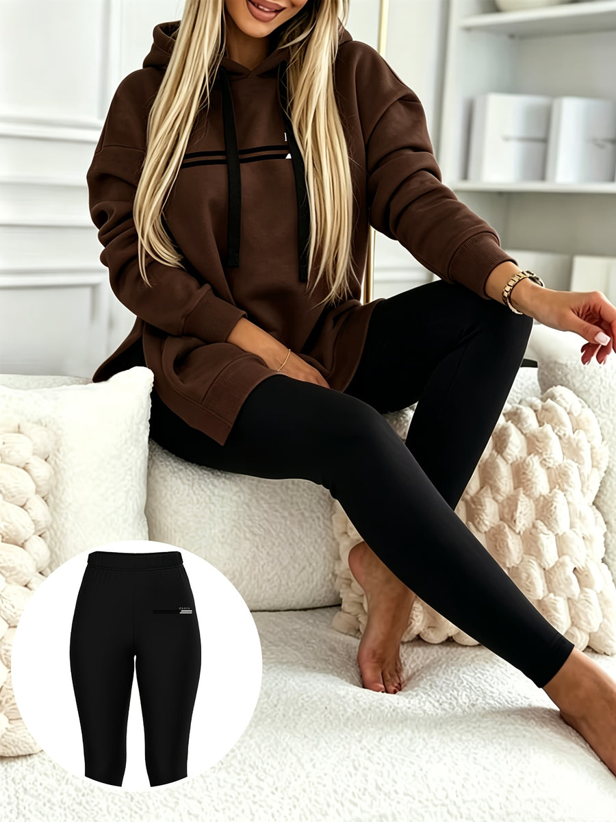 Autumn/Winter Set: Hooded Sweatshirt And Fitted Long Pants (Pattern Print Design) - Coffee color with black