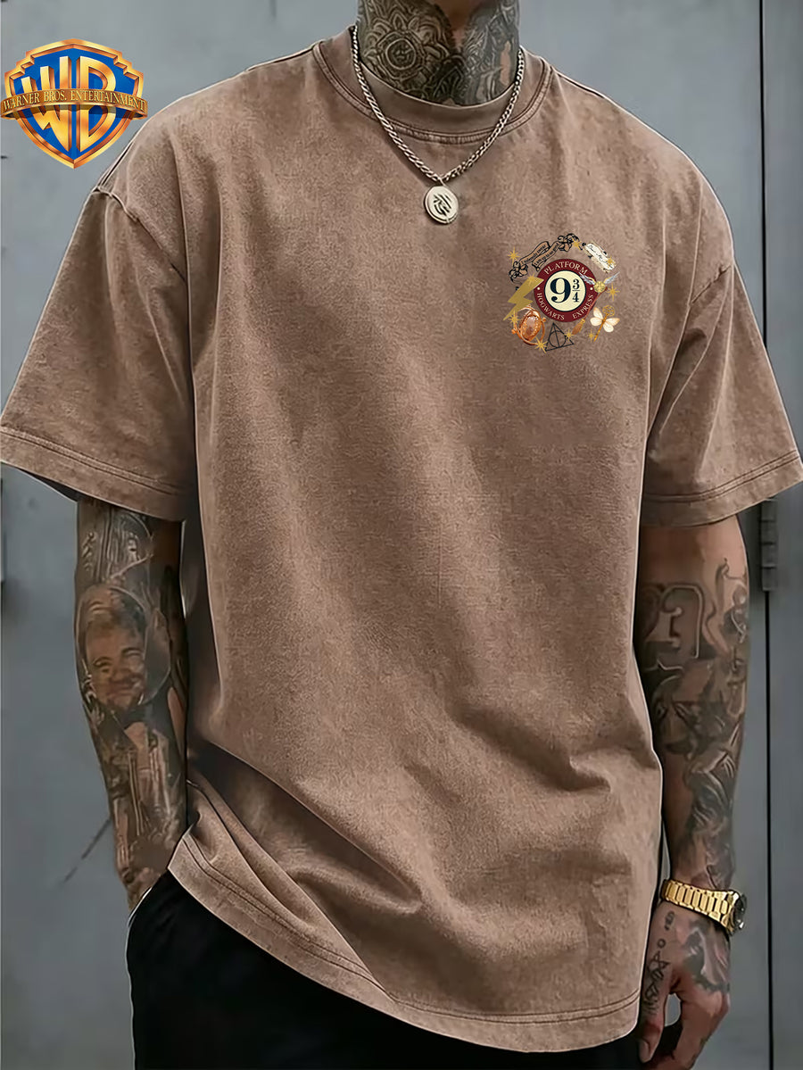 Warner Bros Official Vintage Magic Props Collection Print Washed Distressed T-Shirt, Men's 100% Pure Fabric, Casual and Comfortable Style, Loose Fit Breathable Short Sleeve Men's Casual Top, Distressed Washed Loose Fit - Khaki