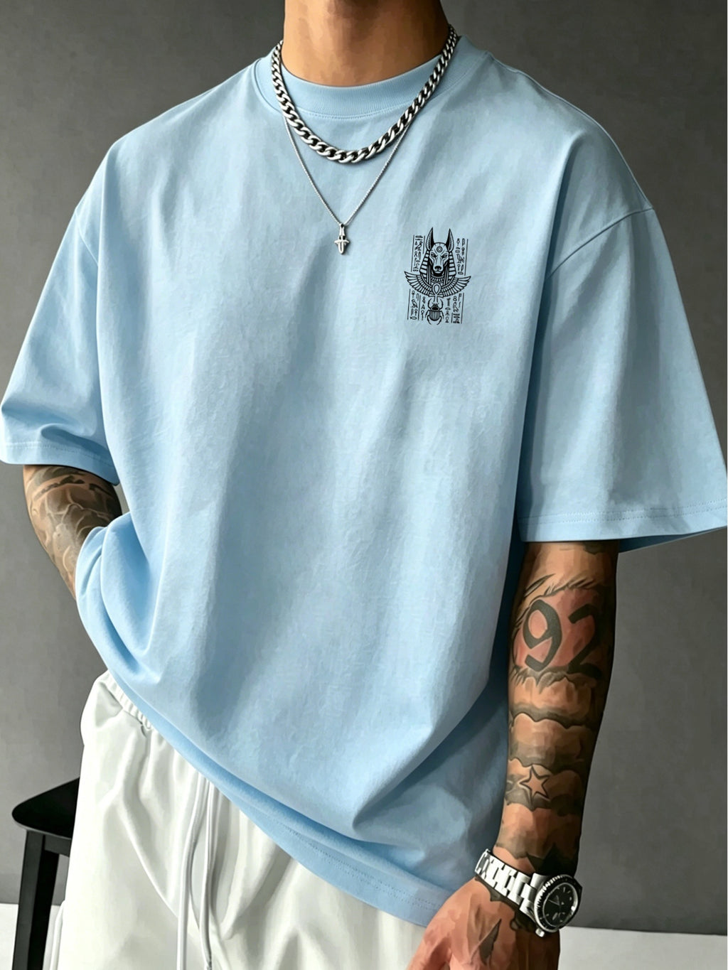 Men's 100% Pure Cotton T-Shirt with Anubis Scarab Egyptian Element Print, Casual, Comfortable, and Breathable for All Seasons - Light Blue Color