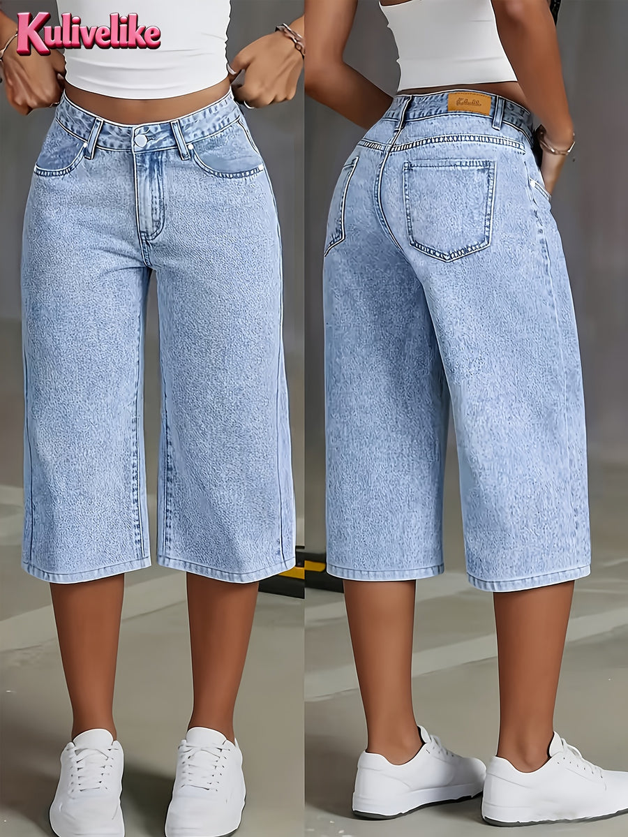 2026 New Light Blue Washed Denim Ankle Wide-Leg Pants, High-Waist Drapey Loose Commuter All-Match Bermuda Shorts - Light Blue