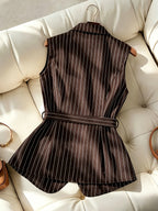 Women's Summer Casual Office Commute Striped Print Pointed Collar Buckle Belt Vest, Sleeveless Striped Blazer Lightweight Jacket for Spring, Summer, Autumn, Light Business, Office, Business Negotiations - Coffee Color