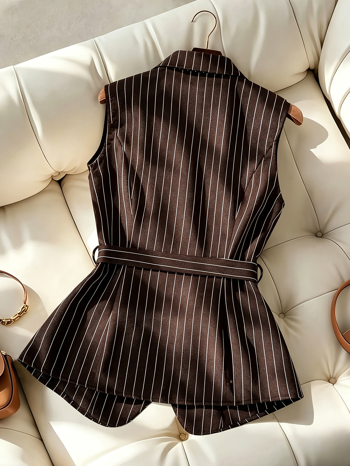 Women's Summer Casual Office Commute Striped Print Pointed Collar Buckle Belt Vest, Sleeveless Striped Blazer Lightweight Jacket for Spring, Summer, Autumn, Light Business, Office, Business Negotiations - Coffee Color