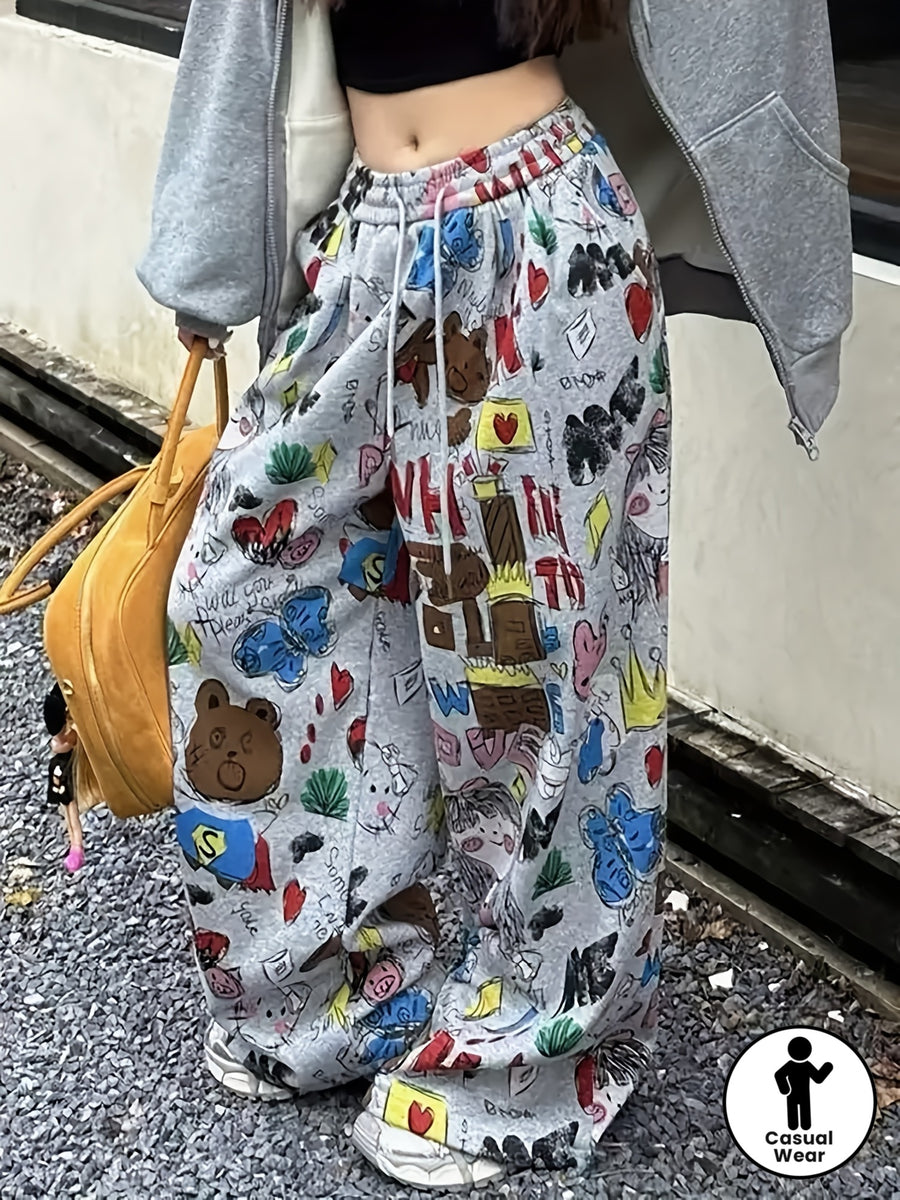Printed Design – Not Textured, European and American Style Cartoon Print Women's Casual Loose High-Waist Drawstring Pocket Design Casual Pants, Long Pants, Wide-Leg Pants, Mixed Colors, Multiple Sizes Available - Mixed colors