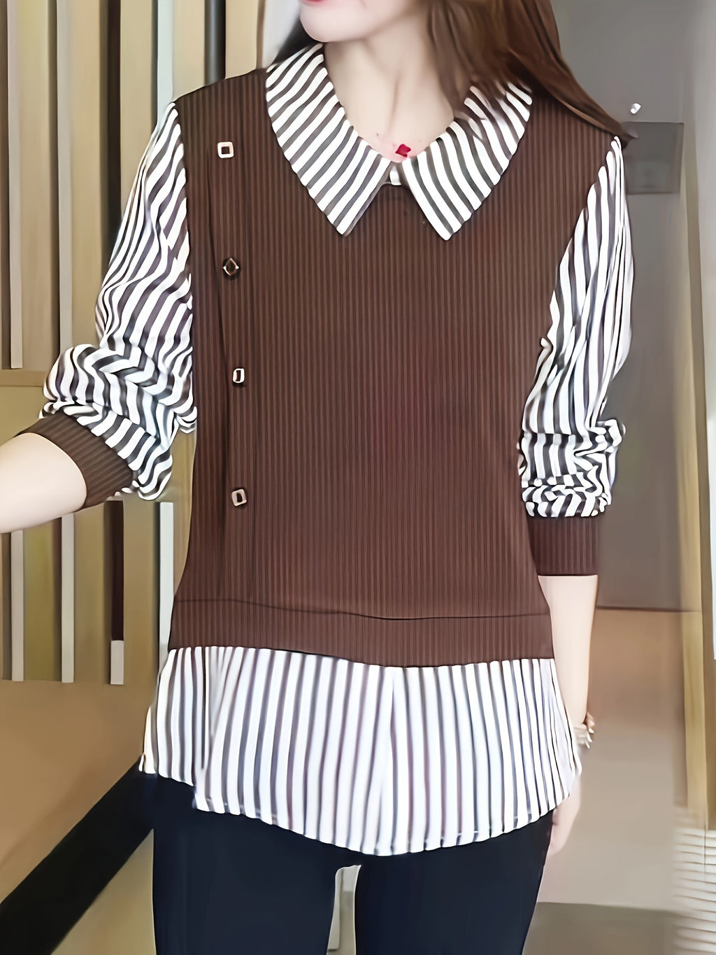 Spring And Autumn Fashion Patchwork Shirt for Women - Loess Ochre